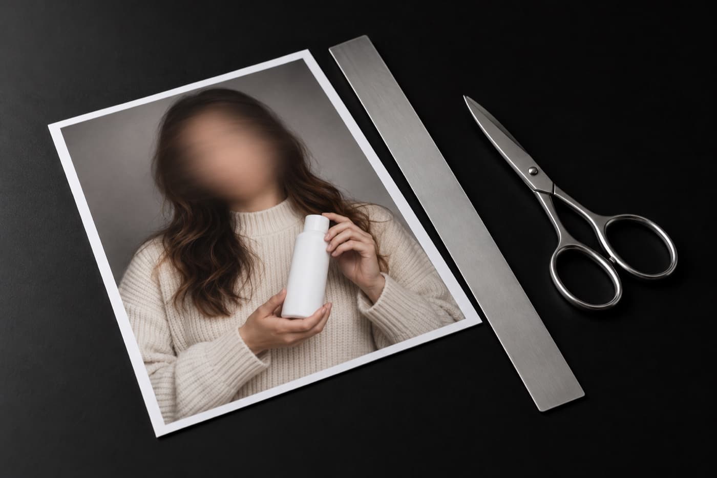 검은 테이블 위 얼굴이 흐릿한 인물이 무지 제품 병을 든 인화 사진 위에 눈금 없는 금속 자가 비스듬히 얹혀 있고 옆에 닫힌 은색 가위가 놓여 있다