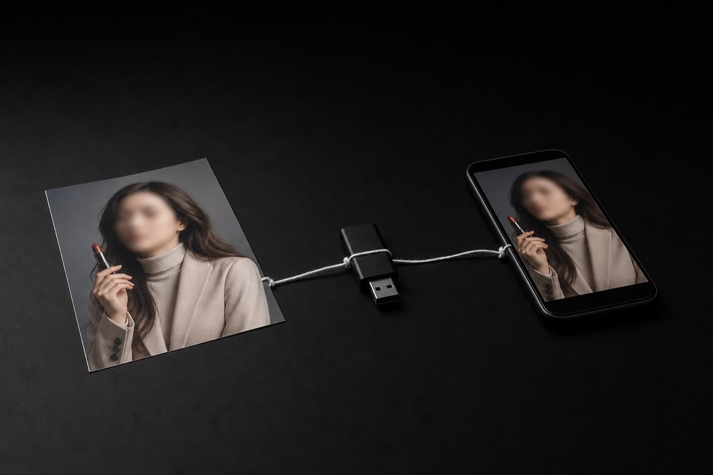 인화 사진, 작은 USB 메모리, 같은 광고가 뜬 스마트폰이 흰 실 한 가닥으로 이어져 있다