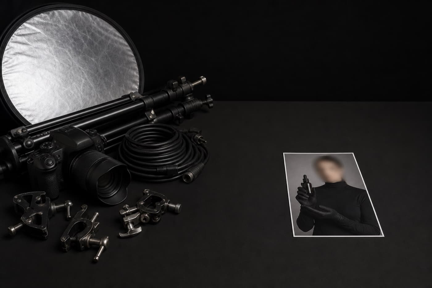 검은 테이블 왼쪽 절반은 카메라·조명 스탠드·반사판·케이블로 빽빽하고, 오른쪽 절반은 비어 있는 채 인화 사진 한 장만 놓여 있다