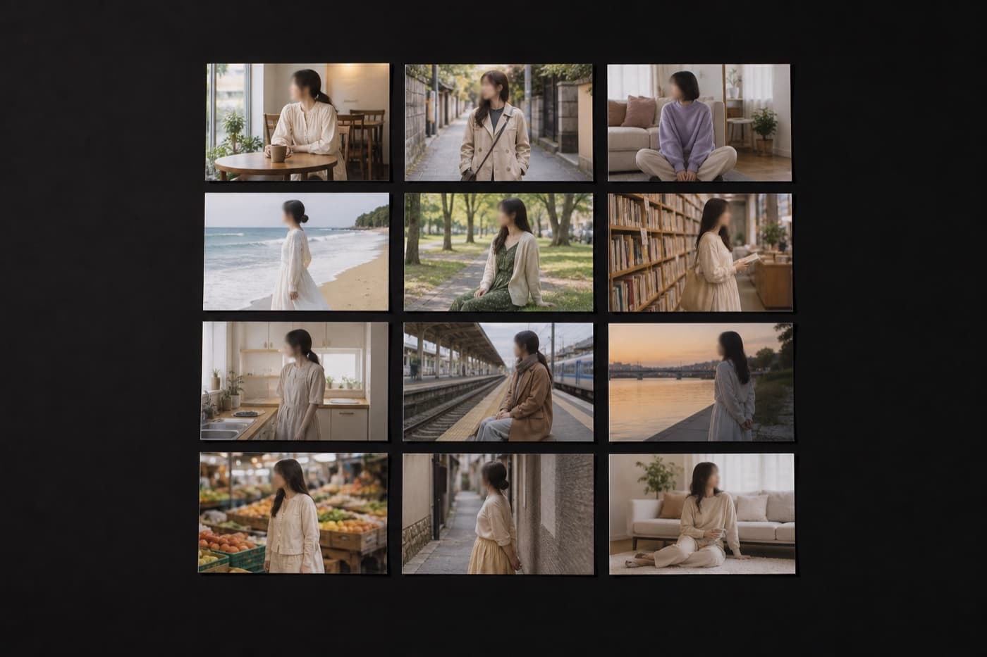 검은 테이블 위 한 여성의 일상 사진 열두 장이 격자로 놓여 있고, 매번 다른 장소와 옷, 제품은 어디에도 없다