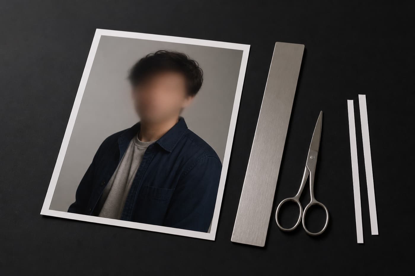 얼굴이 흐릿한 인화 사진 위에 금속 자와 재단 가위가 얹혀 있고 옆에 잘라낸 종이 띠가 떨어져 있다