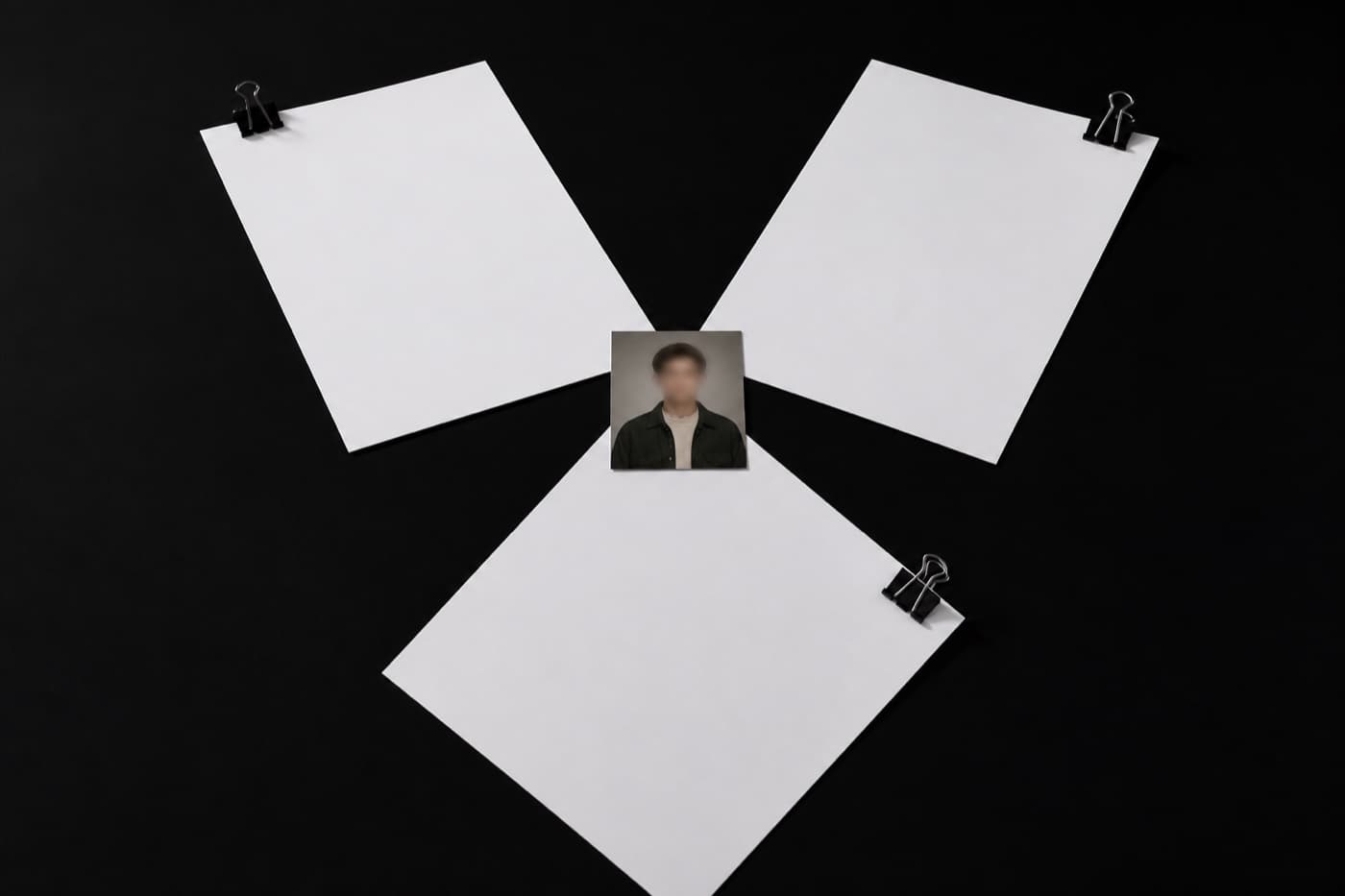 검은 테이블 위에 클립이 물린 흰 종이 세 장이 삼각형으로 놓이고 가운데에 얼굴이 흐릿한 인화 사진 한 장이 있다