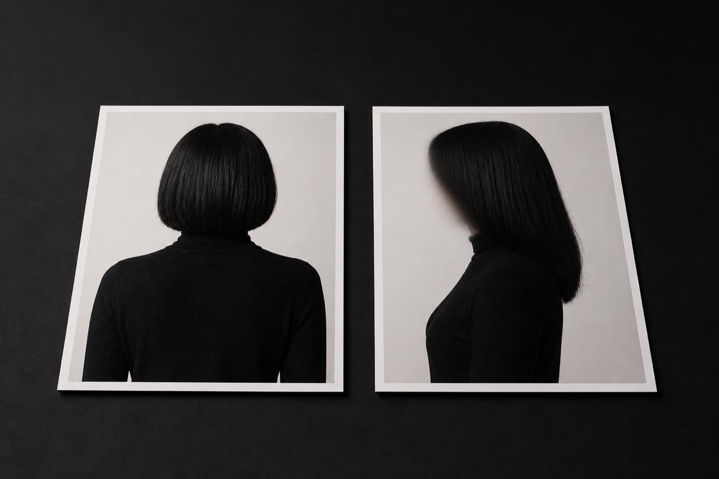 같은 여성의 뒷모습과 옆모습 인화 사진 두 장이 나란히 있고, 옆모습은 머리카락이 얼굴을 가려 얼굴이 보이지 않는다