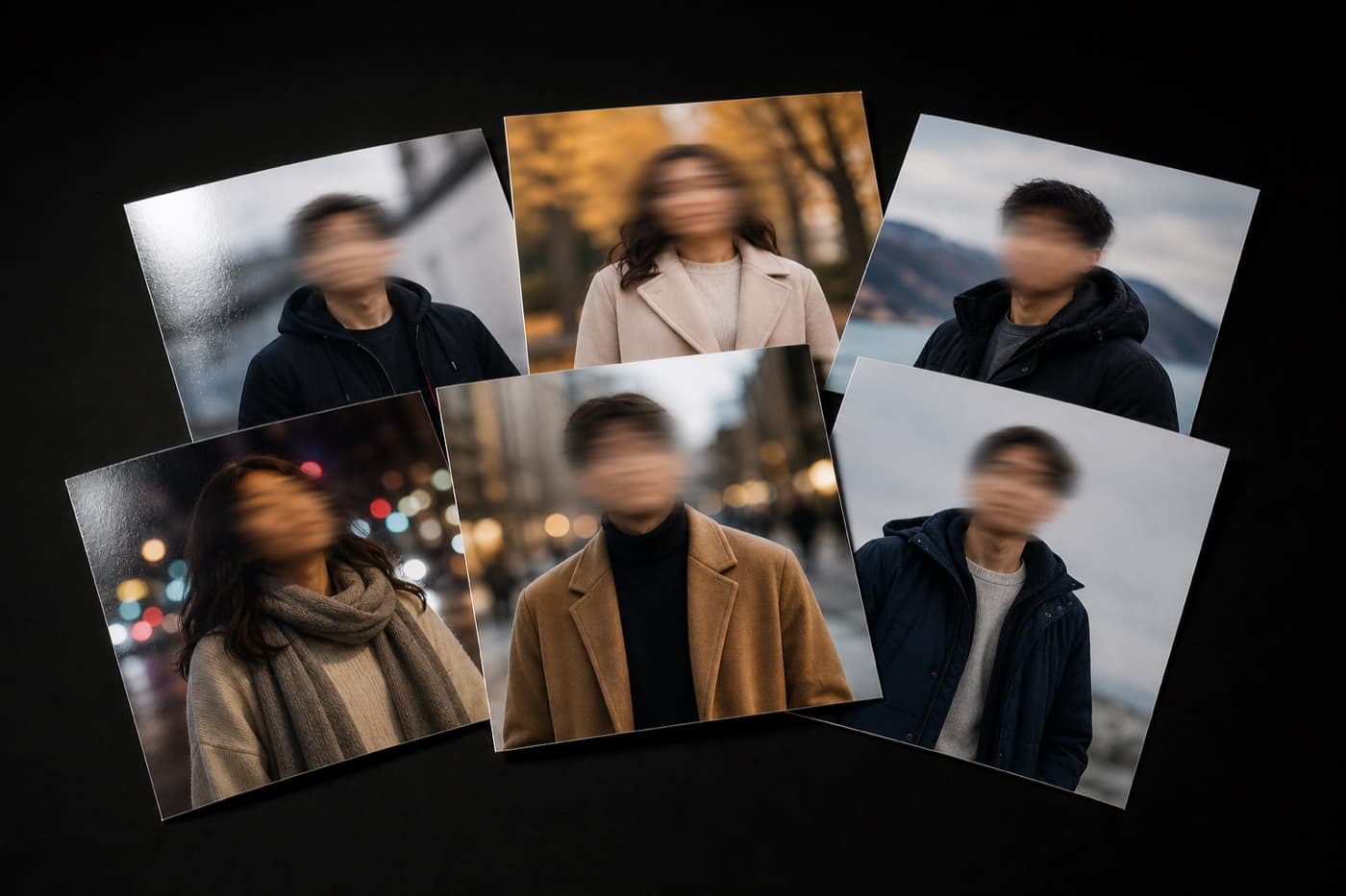 검은 테이블 위에 얼굴이 전부 흐릿한 인화 사진 여섯 장이 부채꼴로 겹쳐 흩어져 있다