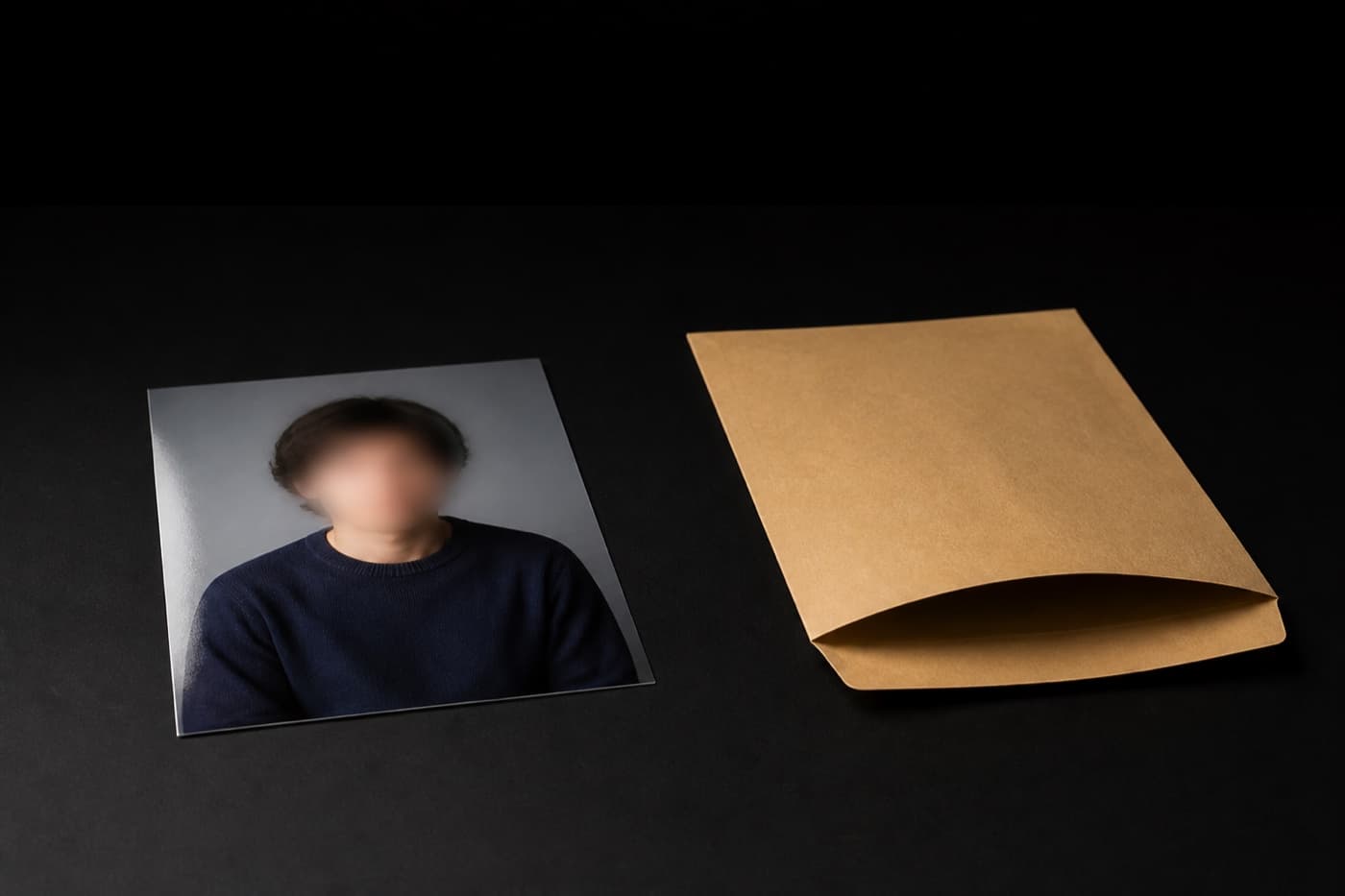 검은 테이블 왼쪽에 광택이 도는 인화 사진 한 장이, 오른쪽에 텅 빈 마닐라 서류 봉투가 입을 벌린 채 놓여 있다