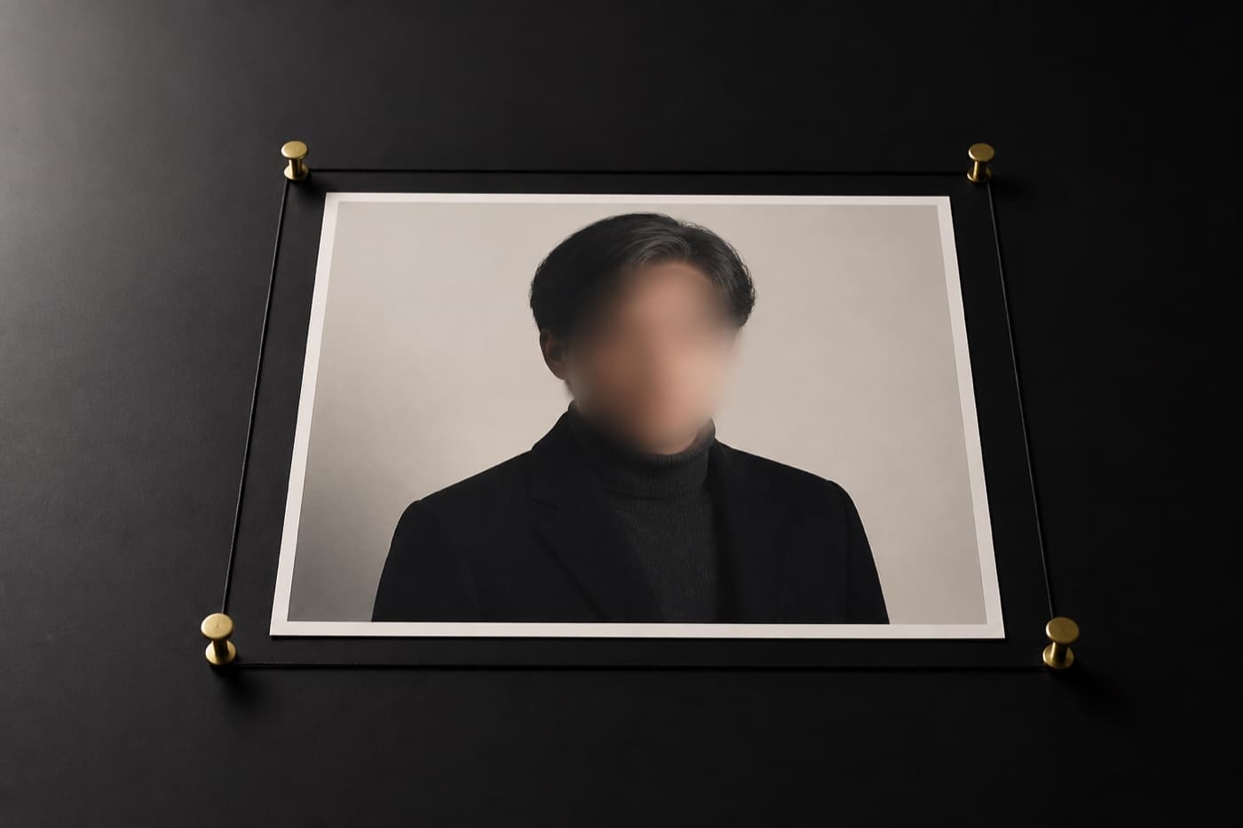얼굴이 흐릿한 인화 사진 주위를 검정 실이 사각형으로 둘러 팽팽하게 고정하고 네 모서리에 황동 압정이 박혀 있다