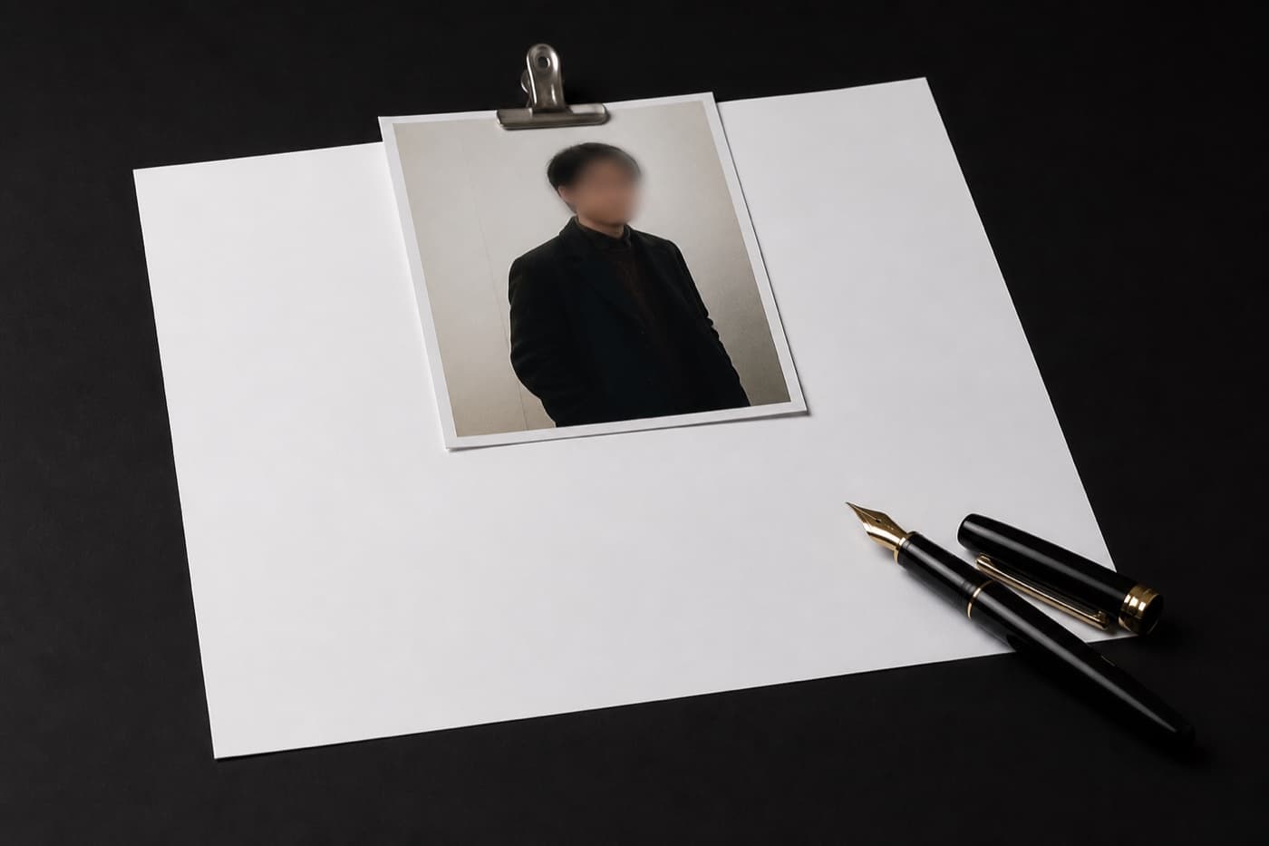 흰 종이 위에 얼굴이 흐릿한 인화 사진 한 장이 클립으로 물려 있고 종이 오른쪽 아래에 뚜껑 열린 만년필이 놓여 있다