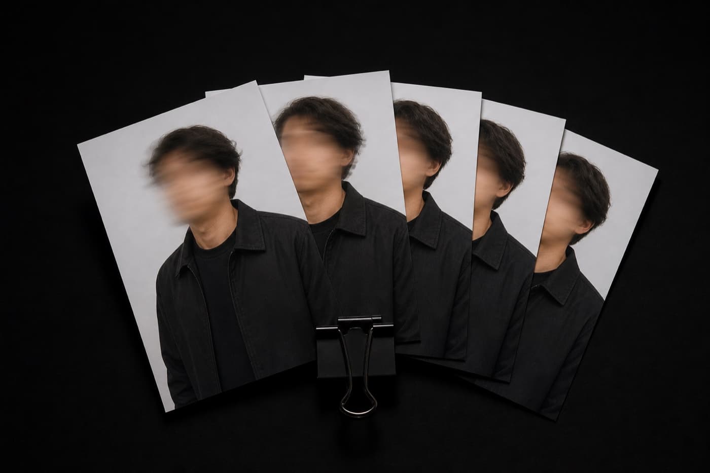 얼굴이 흐릿한 같은 인물의 인화 사진 다섯 장이 부채꼴로 겹쳐 놓이고 맨 아래를 검정 클립 하나가 물고 있다