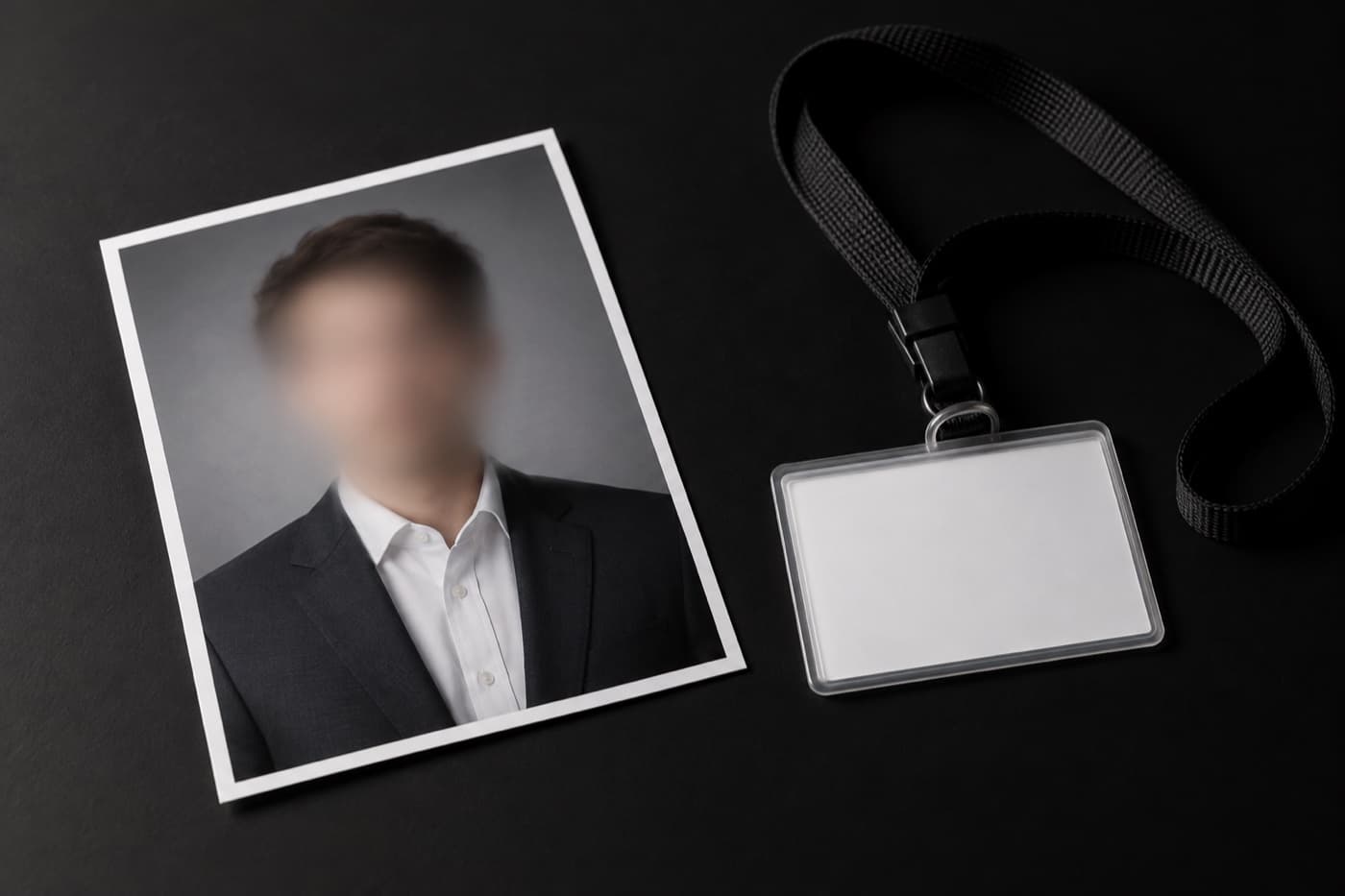 검은 테이블 위에 어두운 정장과 흰 셔츠를 입은 얼굴이 흐릿한 인물의 인화 사진과 검정 목걸이 줄이 달린 빈 흰 명찰 케이스가 나란히 놓여 있다