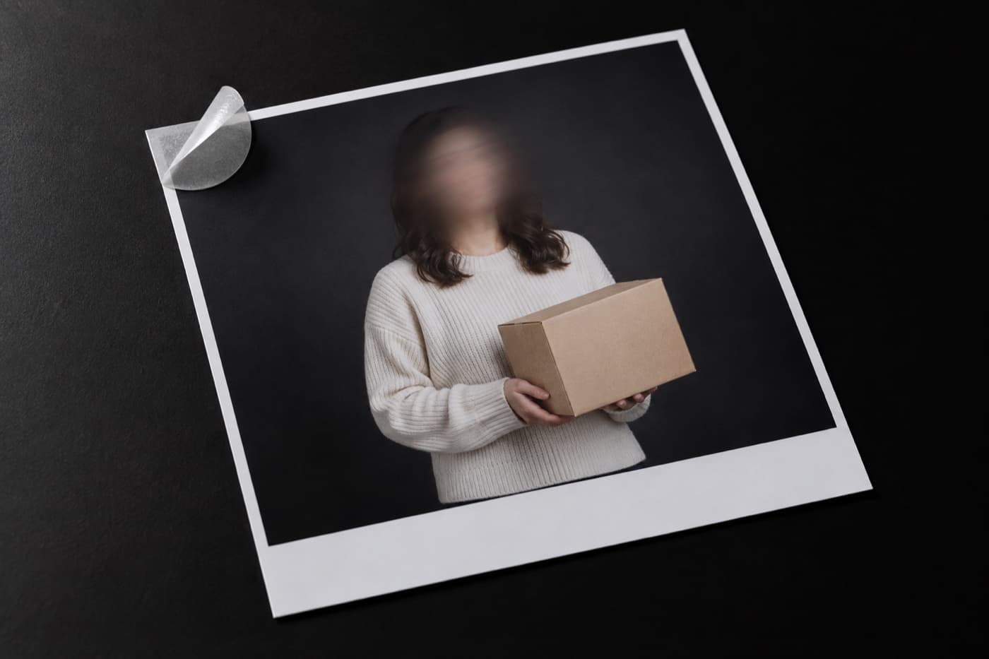 검은 테이블 위 인화 사진의 왼쪽 위 모서리에서 둥근 반투명 스티커가 반쯤 벗겨져 들려 있고 아래쪽 가장자리의 빈 흰 종이 띠는 그대로 붙어 있다