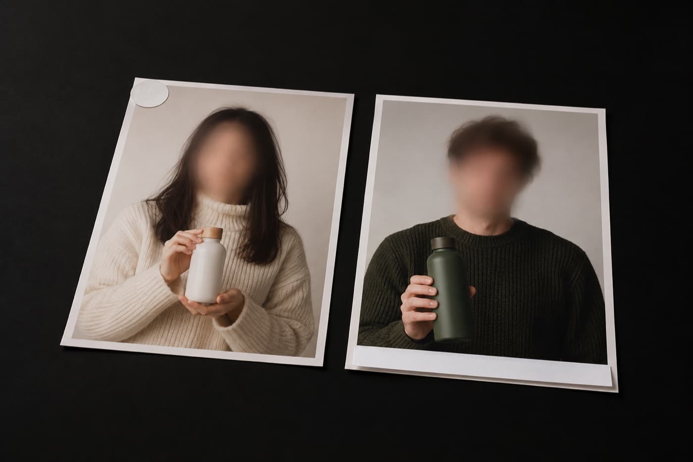 검은 테이블 위 인화 사진 두 장, 왼쪽 사진에는 왼쪽 위 모서리에 둥근 반투명 스티커만, 오른쪽 사진에는 아래쪽 가장자리에 빈 흰 종이 띠만 붙어 있다