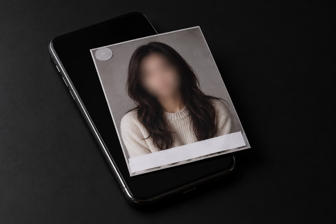 검은 테이블 위 꺼진 스마트폰 화면에 얼굴이 흐릿한 인물의 인화 사진이 얹혀 있고 사진 왼쪽 위 모서리에 작은 둥근 반투명 스티커가, 아래쪽 가장자리에 빈 흰 종이 띠가 붙어 있다