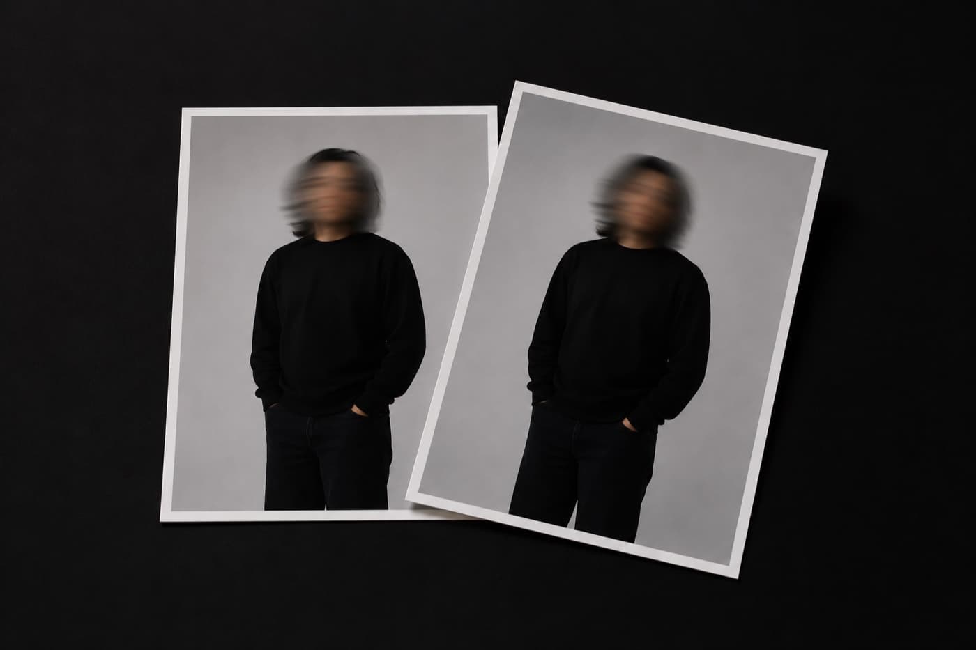 검은 테이블 위 같은 인물을 찍은 인화 사진 두 장이 나란히 놓여 있고 오른쪽 한 장은 살짝 기울어져 왼쪽 사진 위에 모서리가 겹쳐 있다