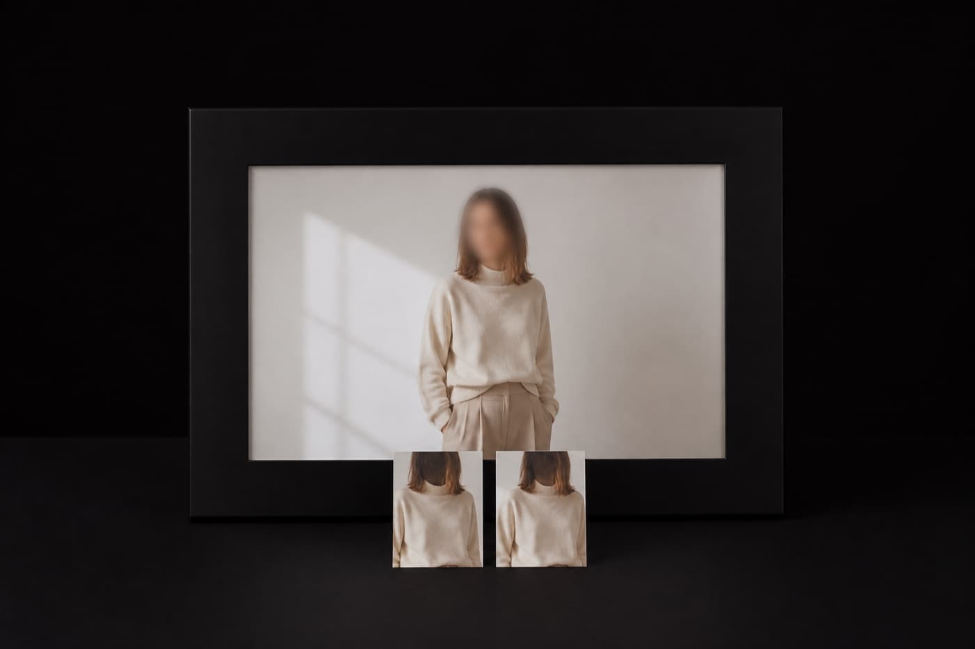 검은 테이블 위 가로로 긴 검정 액자에 얼굴이 흐릿한 인화 사진이 끼워져 있고 그 앞에 같은 사진을 세로로 자른 조각 두 장이 놓여 있다