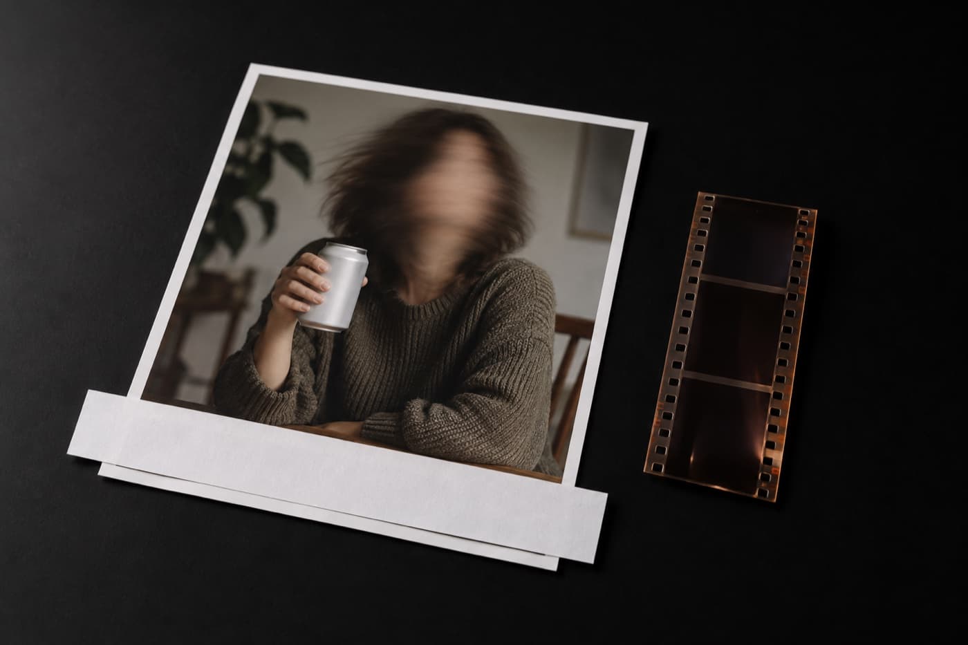 검은 테이블 위에 무지 음료 캔을 든 얼굴이 흐릿한 인물의 인화 사진과 짧게 잘린 필름 스트립 한 조각이 나란히 놓여 있고 사진 아래 가장자리에 빈 흰 종이 띠가 얹혀 있다