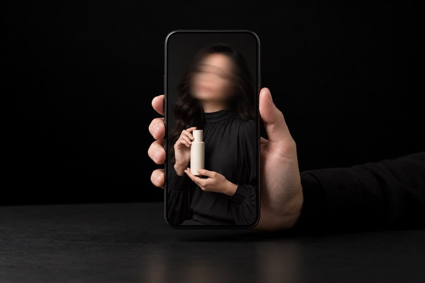 어두운 방에서 검정 긴소매 옷을 입은 한 손이 든 스마트폰 화면에 얼굴이 흐릿한 모델이 무지 제품 병을 든 광고 이미지가 꽉 차게 떠 있다