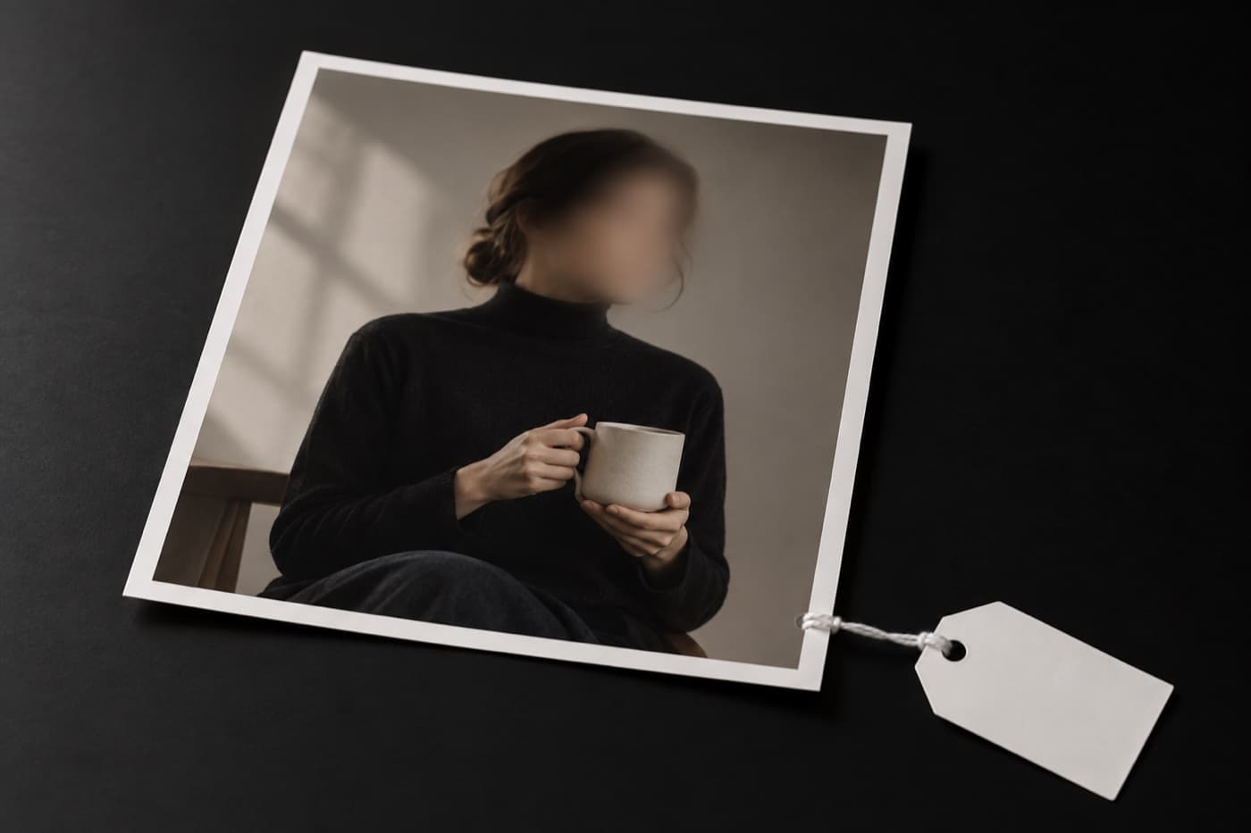 검은 테이블 위 인화 사진의 오른쪽 아래 귀퉁이에 작은 무지 흰 종이 태그가 흰 실로 묶여 걸려 있다