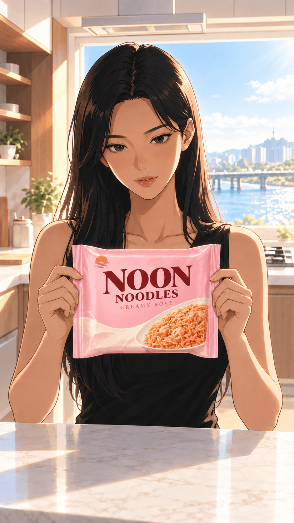 NOON NOODLES 크리미 로제 패키지를 든 한강뷰 주방 히어로 컷