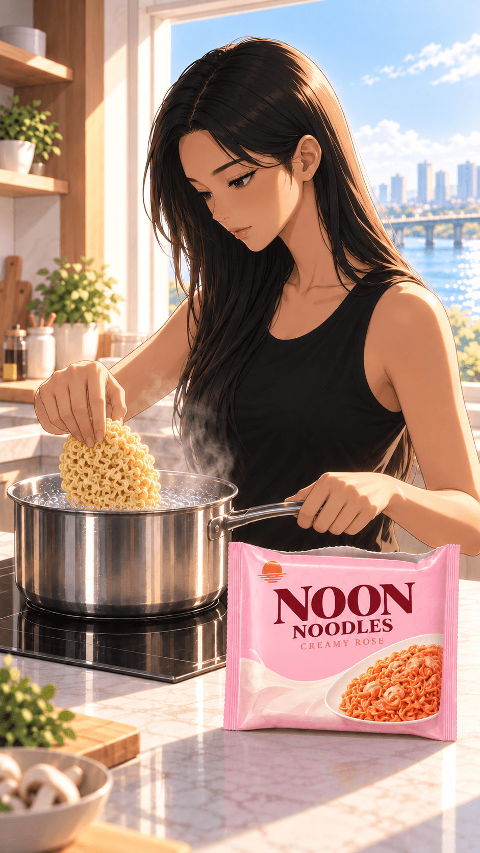 끓는 냄비에 면을 넣는 조리 컷 — 패키지 정면 노출